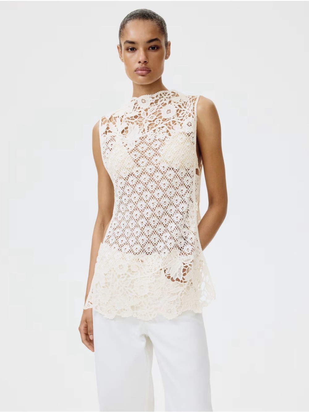 H&M EDITION NWT CREAM CROCHET-LOOK TOP WITH TIE BELT SIZE MEDIUM